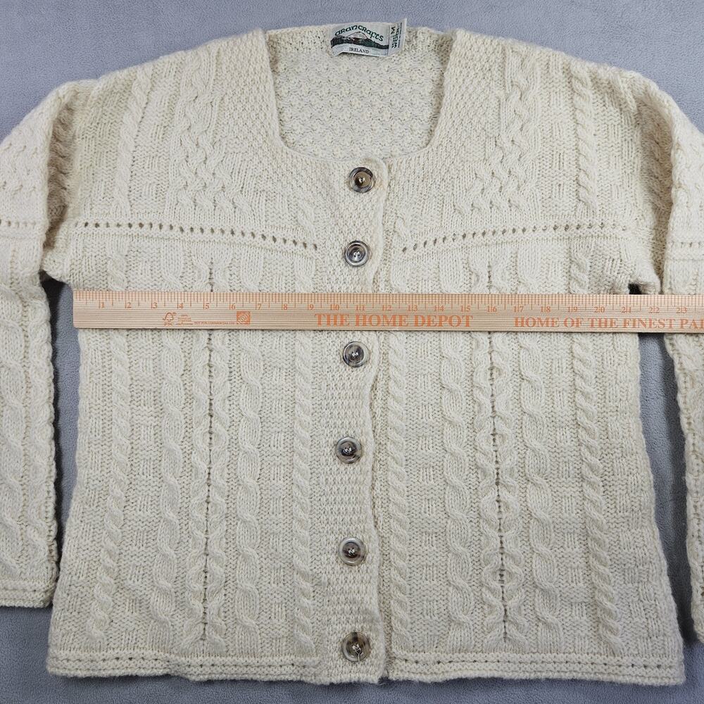 Aran Crafts Ireland Cardigan Womens M Button Up Wool Cable Knit Fisherman Ivory - Picture 12 of 15